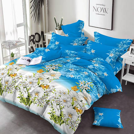 Блакитна Бязь Gold Lux квітковий принт, бавовняна тканина 220см для постільних речей, в рулоні 50м, фото 1