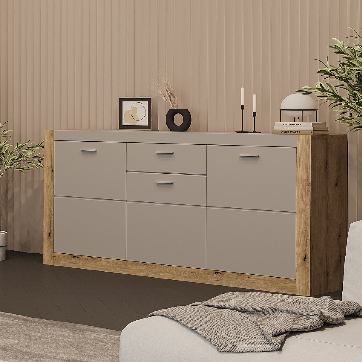 Стильний сучасний сірий комод довгий 180 см з дверцятами полицями та шухлядою у вітальню зал Палермо Сокме