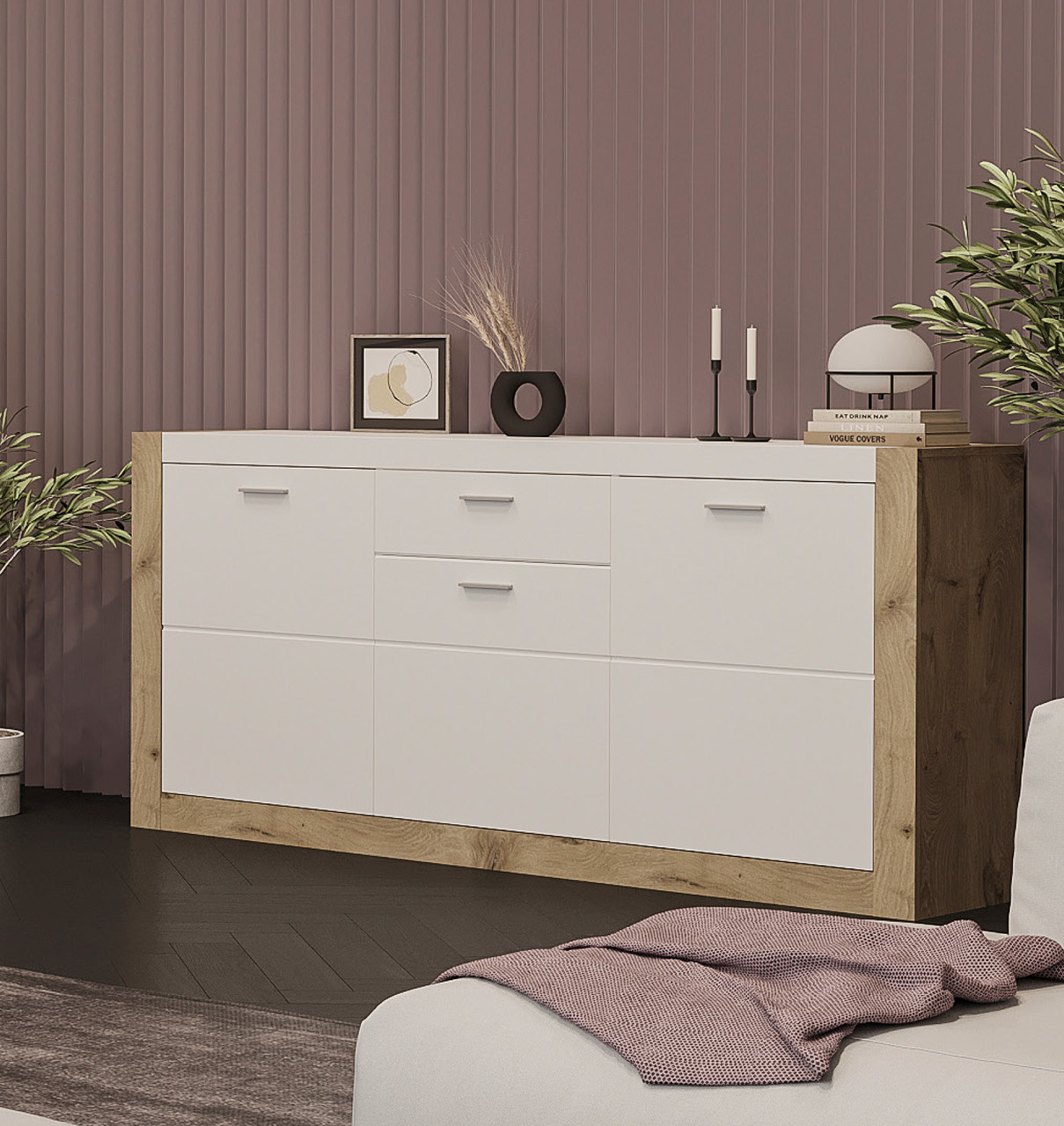 Сучасний стильний довгий комод білий 180 см з дверцятами полицями і шухлядою у вітальню зал Палермо Сокме