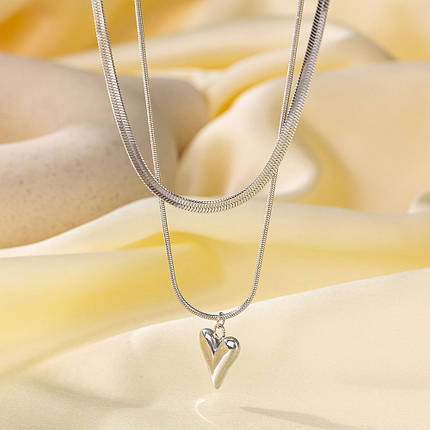 Ланцюжок подвійний снеик сріблястий сталь 316 L кулон сердечко металеве ланцюжка завдовжки 50і 40 см тлщн 1і 3 мм, фото 1