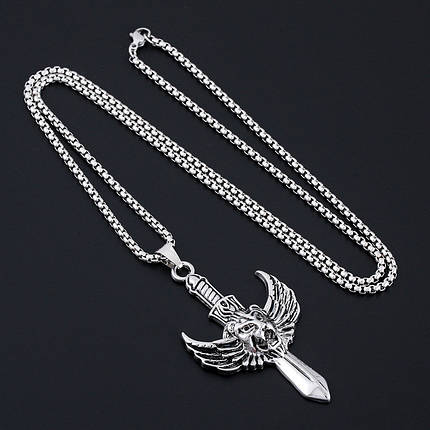 Ланцюг із кулоном меч тигр із крилами сріблястого кольору Stainless Steel розмір 65х35 мм розмір ланцюга 70 см 3 мм, фото 2