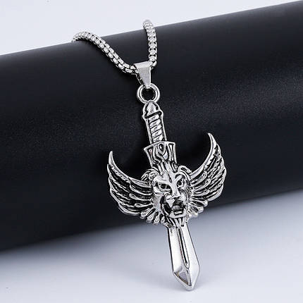 Ланцюг із кулоном меч тигр із крилами сріблястого кольору Stainless Steel розмір 65х35 мм розмір ланцюга 70 см 3 мм, фото 1