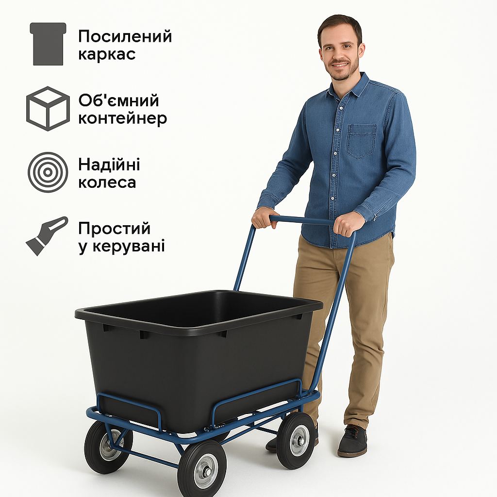 Візок для двірника ЧТ-200Д з пластиковим коритом 90 л, складаний, 4 колеса 200 мм, навантаження до 170 кг, фото 1