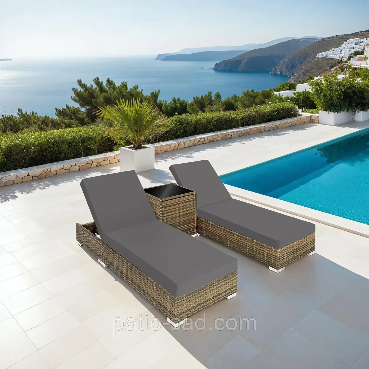 Елегантний набір алюмінієвих шезлонгів із ротанга + столик + чохли, фото 1