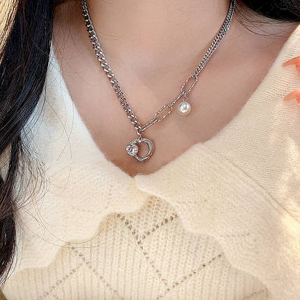 Ланцюг із кулоном сріблястого кольору Stainless Steel із серцем і кристалом і перлиною довжина 55 см, фото 2