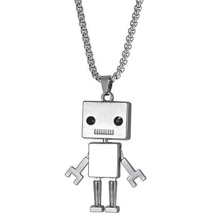 Ланцюг із кулоном робот зі стразами сріблястого кольору Stainless Steel розмір 50х20 мм розмір ланцюга 70 см 3 мм, фото 1