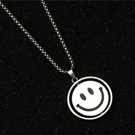 Ланцюг із кулоном смайлика сріблястого кольору Stainless Steel розмір 30х30 мм розмір ланцюга 70 см 3 мм, фото 2