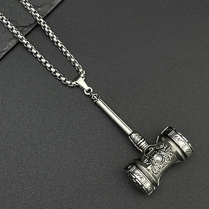 Ланцюг із кулоном молот із візерунками сріблястого кольору Stainless Steel розмір 50х30 мм розмір ланцюга 70 см 3 мм, фото 1