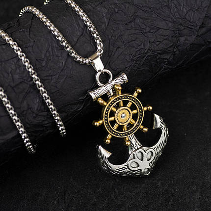 Ланцюг із кулоном якір зі штурвалом сріблястого кольору Stainless Steel розмір 55х35 мм розмір ланцюга 70 см 3 мм, фото 1