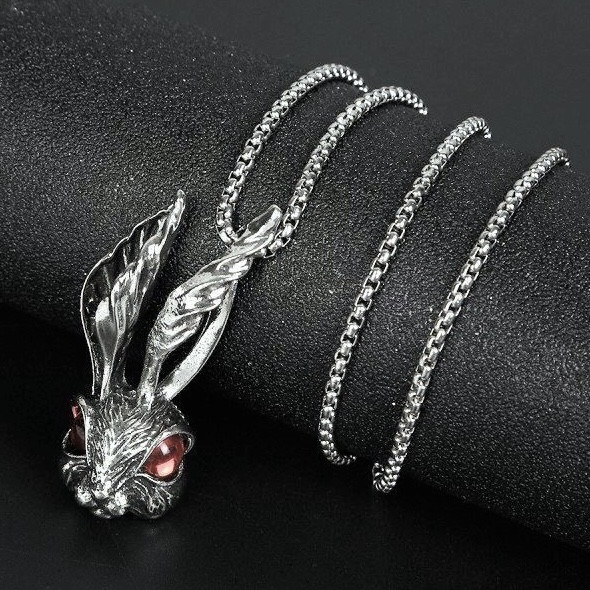 Ланцюг із кулоном заєць із кристалами сріблястого кольору Stainless Steel розмір 45х20 мм розмір ланцюга 70 см 3 мм