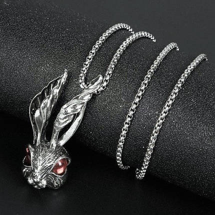 Ланцюг із кулоном заєць із кристалами сріблястого кольору Stainless Steel розмір 45х20 мм розмір ланцюга 70 см 3 мм, фото 1