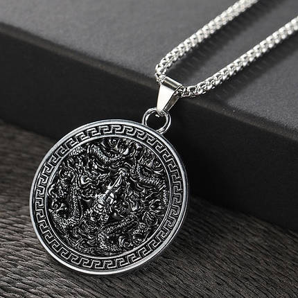 Ланцюг із кулоном амулет із візерунками сріблястого кольору Stainless Steel розмір 45х45 мм розмір ланцюга 70 см 3 мм, фото 2