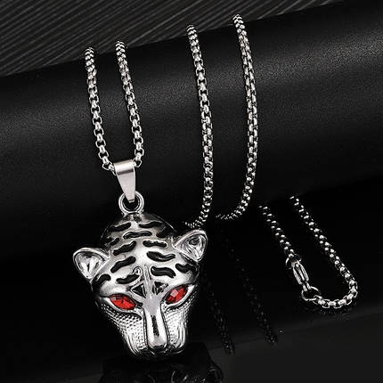 Ланцюг із кулоном тигр із кристалами сріблястого кольору Stainless Steel розмір 40х30 мм розмір ланцюга 70 см 3 мм, фото 1