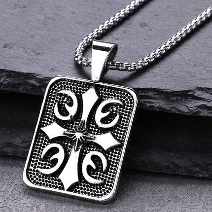 Ланцюг із кулоном прямокутний хрест сріблястого кольору Stainless Steel розмір 50х30 мм розмір ланцюга 70 см 3 мм, фото 1