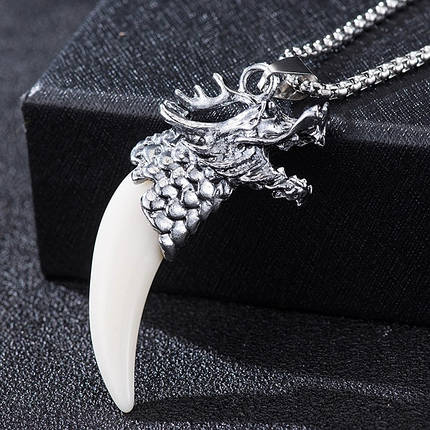 Ланцюг із кулоном дракон бежевий ікла сріблястого кольору Stainless Steel розмір 60х25 мм розмір ланцюга 70 см 3 мм, фото 1