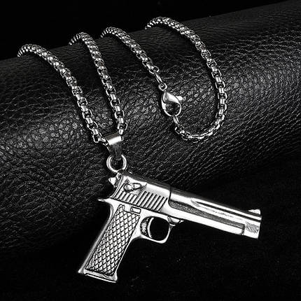 Ланцюг із кулоном пістолет сріблястого кольору Stainless Steel розмір 50х35 мм розмір ланцюга 70 см 3 мм, фото 1