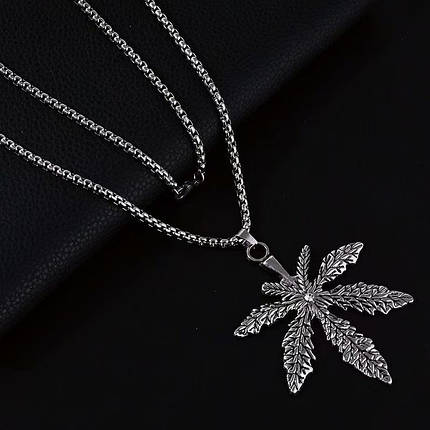 Ланцюг із кулоном конопля з кристалом сріблястого кольору Stainless Steel розмір 65х55 мм розмір ланцюга 70 см 3 мм, фото 1