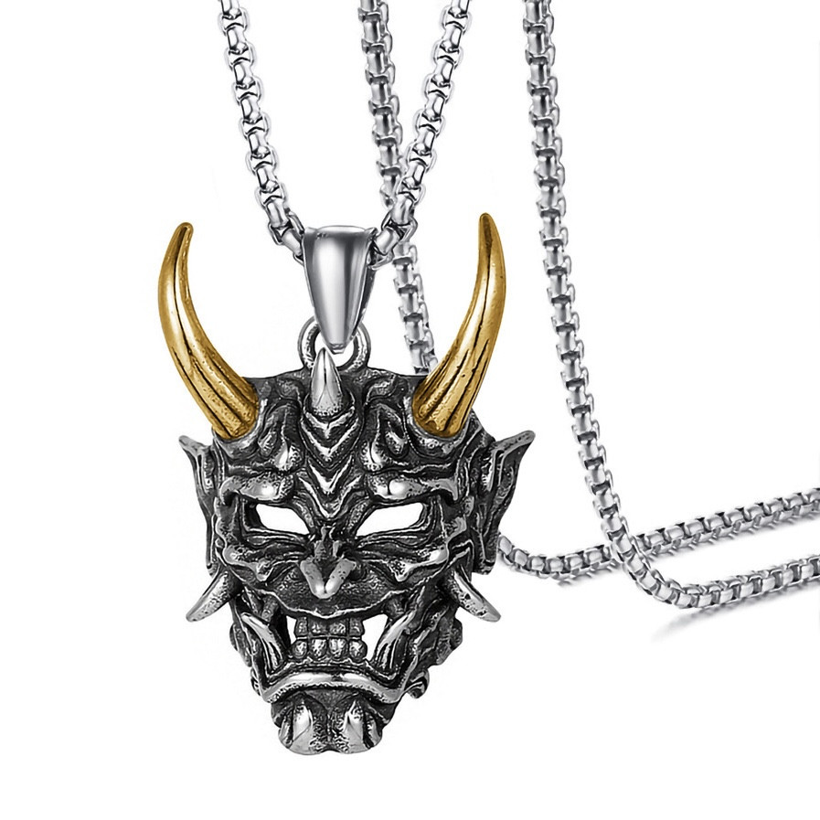 Ланцюг із кулоном демон із рогами сріблястого кольору Stainless Steel розмір 40х25 мм розмір ланцюга 70 см 3 мм