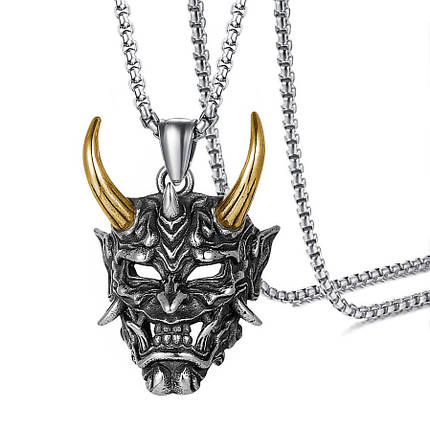 Ланцюг із кулоном демон із рогами сріблястого кольору Stainless Steel розмір 40х25 мм розмір ланцюга 70 см 3 мм, фото 1