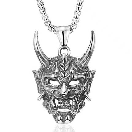 Ланцюг із кулоном демон із рогами сріблястого кольору Stainless Steel розмір 40х25 мм розмір ланцюга 70 см 3 мм, фото 1