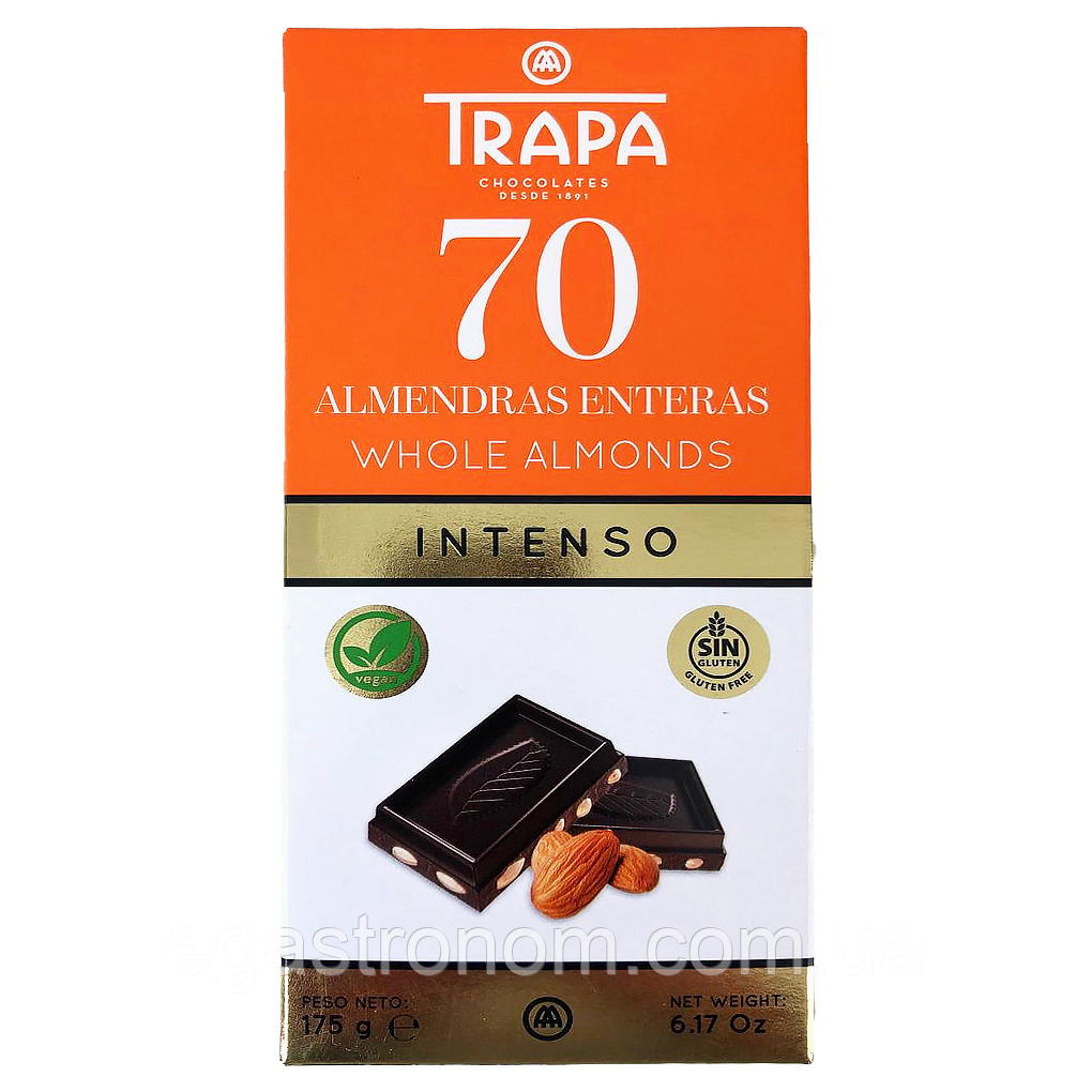 Шоколад чорний 70% з мигдалем (з цукром та без глютену) інтенсо Трапа Trapa 175g 12шт/ящ (Код: 00-00017584)