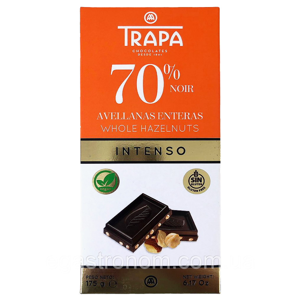Шоколад чорний 70% з лісовим горіхом (з цукром та без глютену) інтенсо Трапа Trapa 175g 12шт/ящ (Код: 00-00017585)