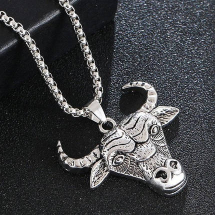 Ланцюг із кулоном бик сріблястого кольору Stainless Steel розмір 35х35 мм розмір ланцюга 70 см 3 мм, фото 1