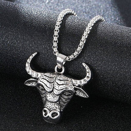 Ланцюг із кулоном бик сріблястого кольору Stainless Steel розмір 35х35 мм розмір ланцюга 70 см 3 мм, фото 2