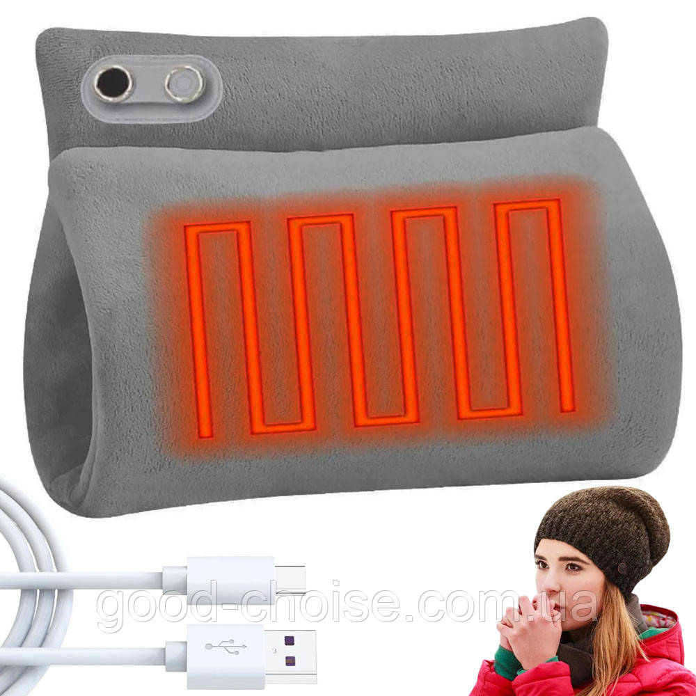 Електрична грілка муфта для рук до 60°, USB, Сіра / Електрогрілка для рук / Плюшева грілка електрична, фото 1