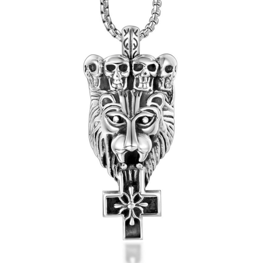 Ланцюг із кулоном тигр із хрестом сріблястого кольору Stainless Steel розмір 57х20 мм розмір ланцюга 70 см 3 мм