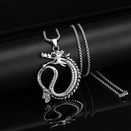 Ланцюг із кулоном вогненний дракон сріблястого кольору Stainless Steel розмір 45х40 мм розмір ланцюга 70 см 3 мм, фото 1