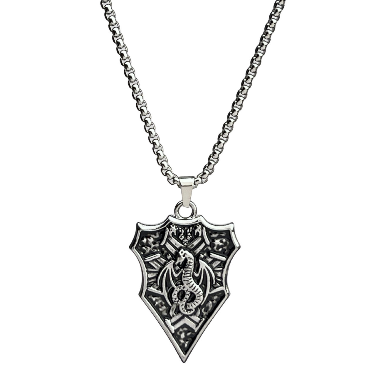 Ланцюг із кулоном щит дракон сріблястого кольору Stainless Steel розмір 45х30 мм розмір ланцюга 70 см 3 мм