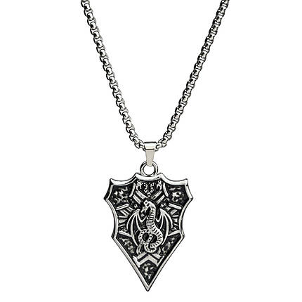 Ланцюг із кулоном щит дракон сріблястого кольору Stainless Steel розмір 45х30 мм розмір ланцюга 70 см 3 мм, фото 1