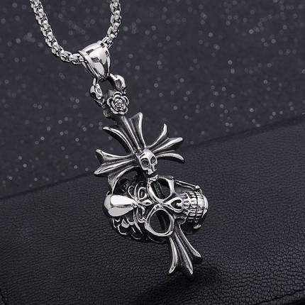 Ланцюг із кулоном хрестик із черепом сріблястого кольору Stainless Steel розмір 50х20 мм розмір ланцюга 70 см 3 мм, фото 1