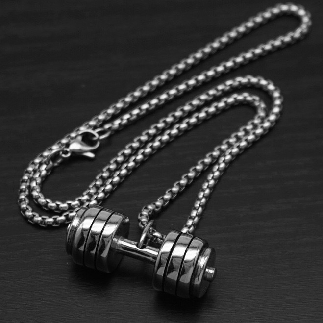 Ланцюг із кулоном гантеля сріблястого кольору Stainless Steel розмір 30х13 мм розмір ланцюга 70 см 3 мм