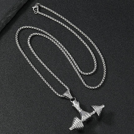 Ланцюг із кулоном гантеля з рукою сріблястого кольору Stainless Steel розмір 35х40 мм розмір ланцюга 70 см 3 мм, фото 2