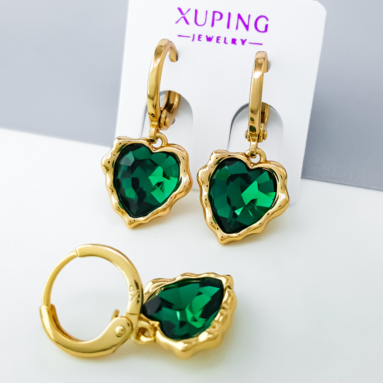 Сережки підвіски Смарагдове Серце зі Swarovski, медсплав Xuping позолота 18K