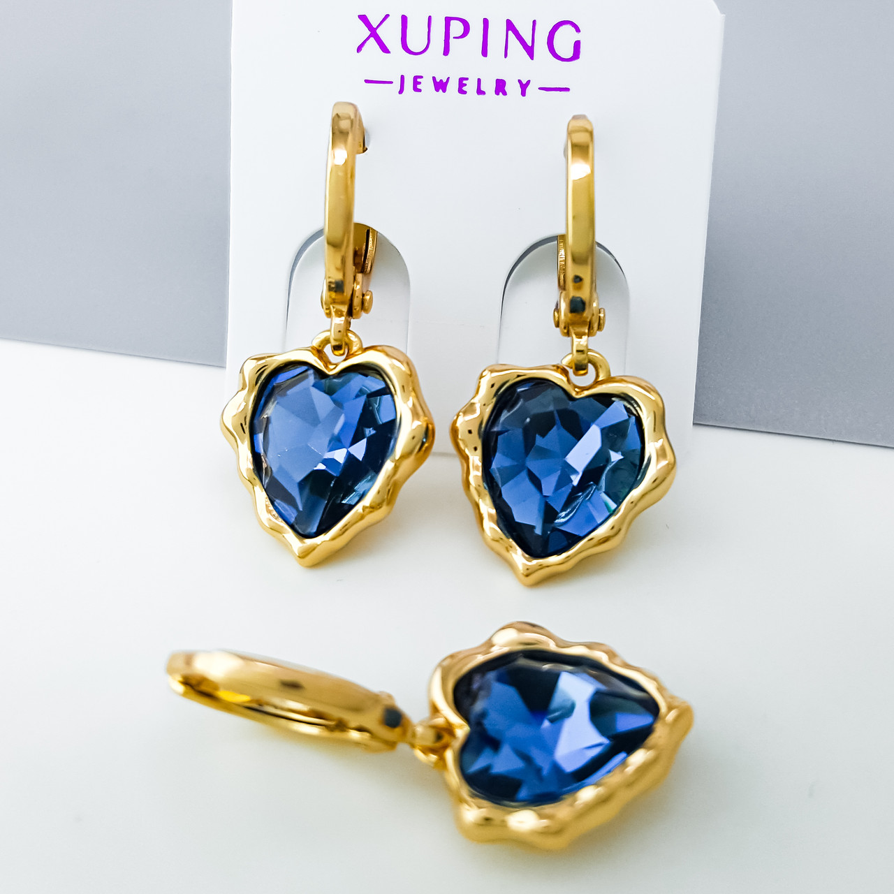 Сережки підвіски Синє Серце зі Swarovski, медсплав Xuping позолота 18K