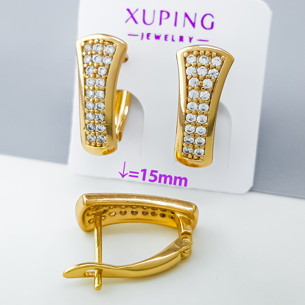 Сережки Класика з розсипом каміння, англ.замок, медсплав Xuping позолота 18K