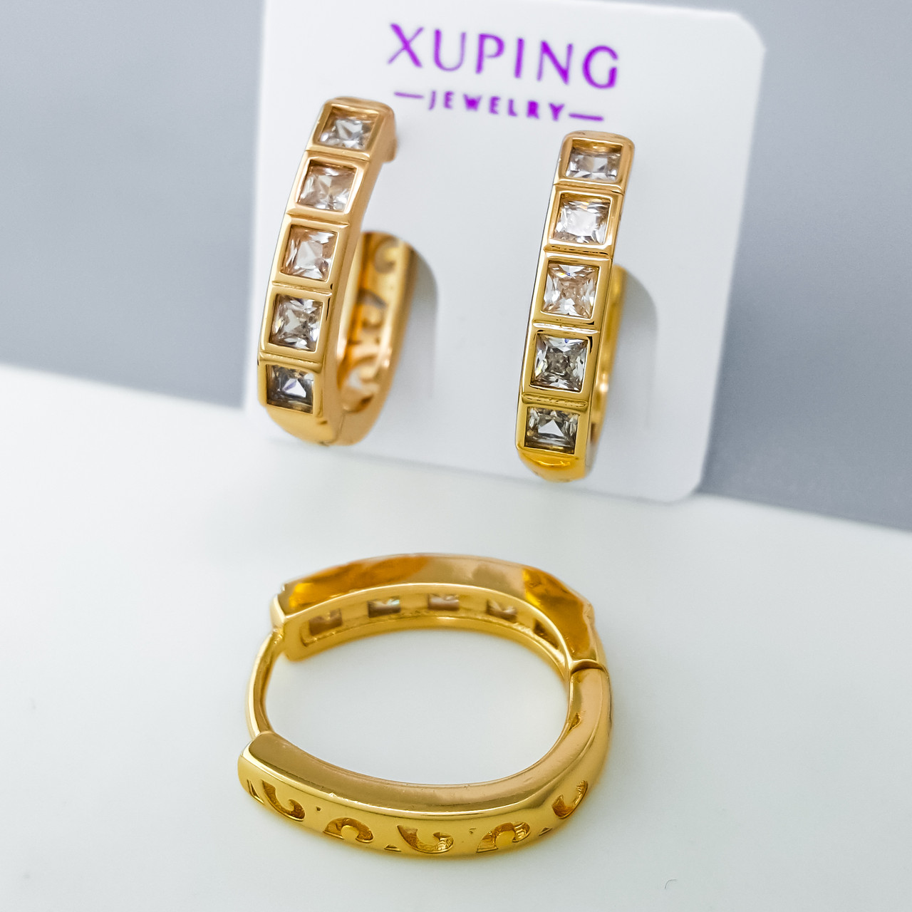 Сережки Доріжка з кубічним цирконієм, медсплав Xuping позолота 18K