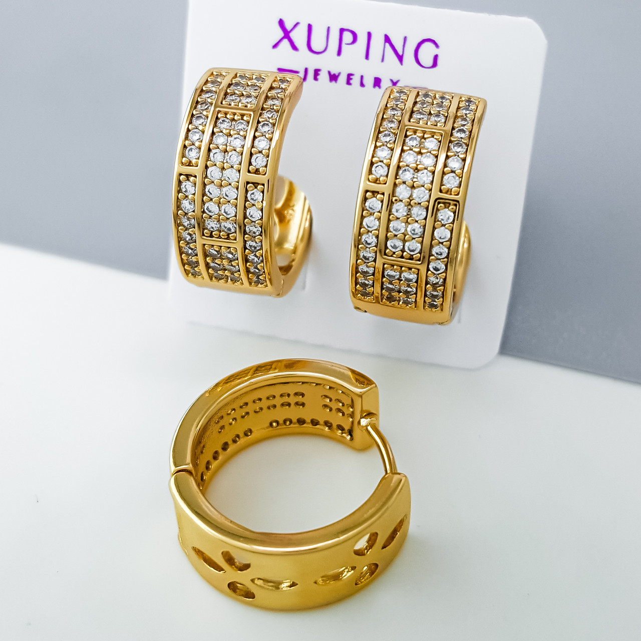 Сережки Масивна Доріжка з розсипом каміння, медсплав Xuping позолота 18K