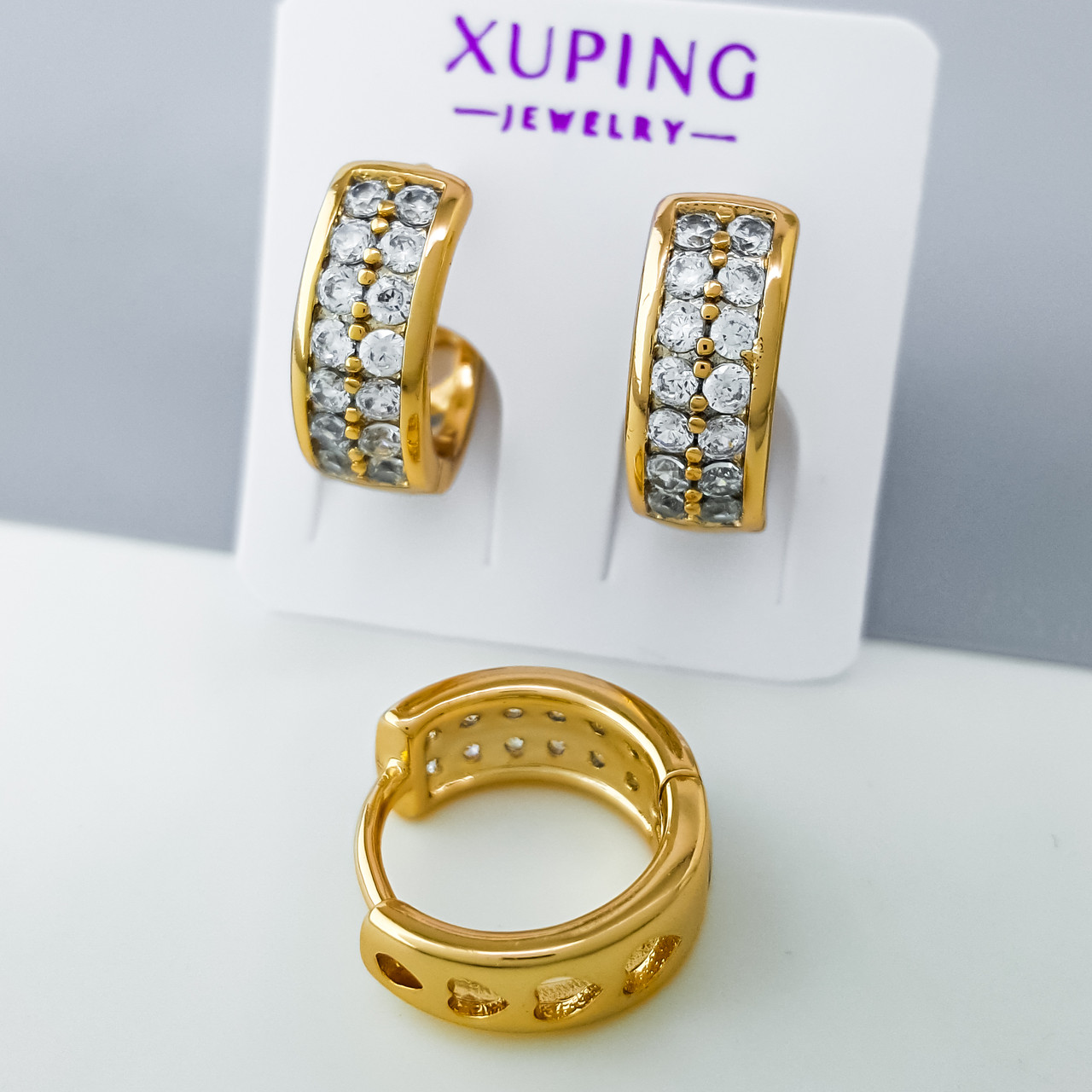 Сережки Дві Доріжки з цирконієм, медсплав Xuping позолота 18K