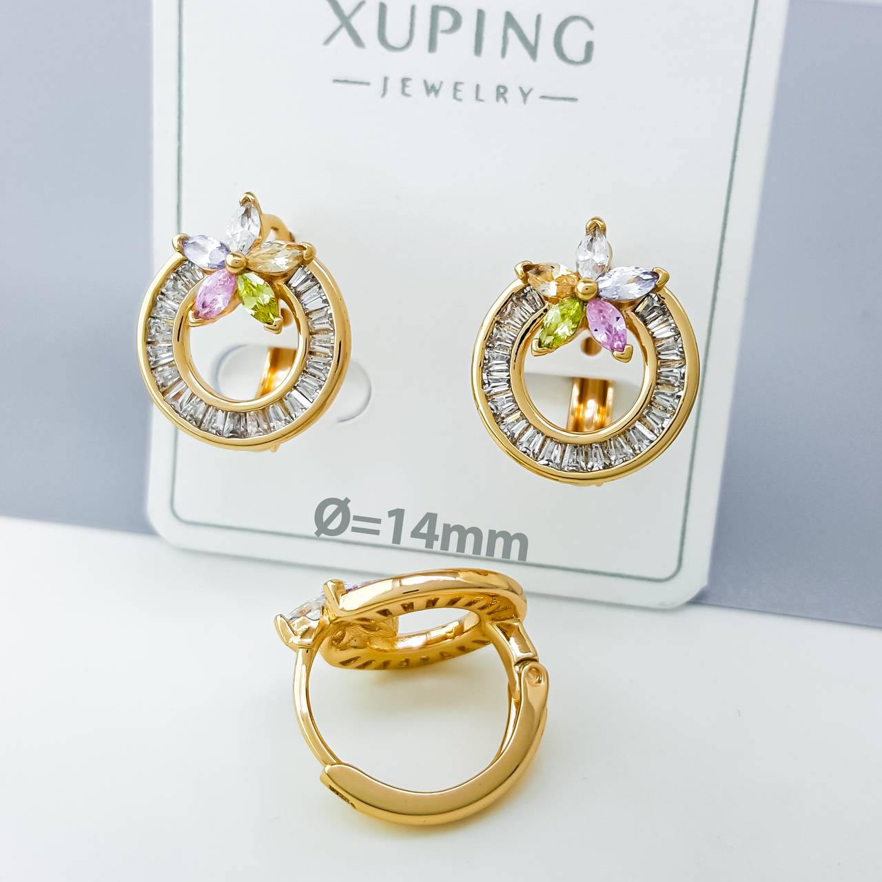 Сережки Класика з різнокольоровим камінням, медсплав Xuping позолота 18K