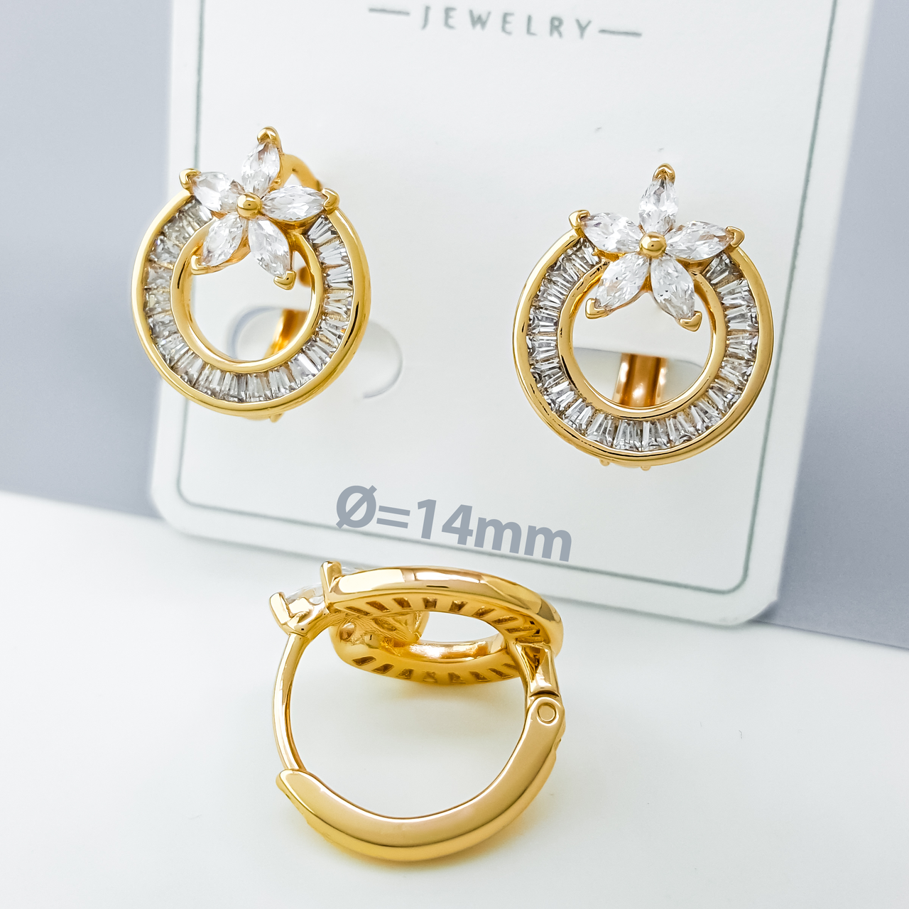 Сережки Класика з багетним цирконієм, медсплав Xuping позолота 18K
