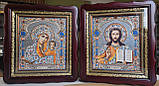Ікони вінчальні Спаситель, П.Б.Казанська у темному дерев'яному кіоті під склом, розмір кіота 26*23, сюжет 15*18., фото 4