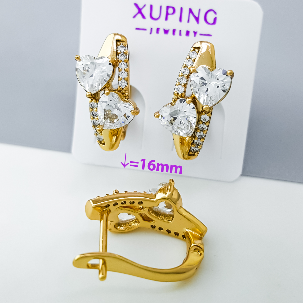 Сережки Кришталеві Серця з камінням, англ.замок, медсплав Xuping позолота 18K