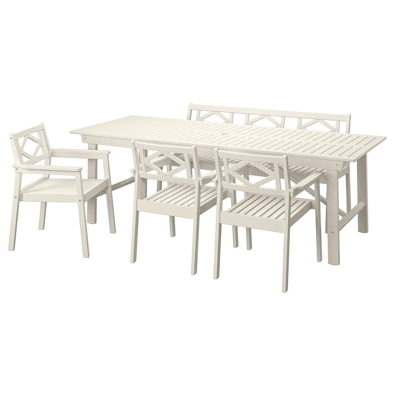 BONDHOLMEN Стіл + 3 стільці з підлокітниками + лава, вулична, білий/бежевий IKEA 295.496.83, фото 1