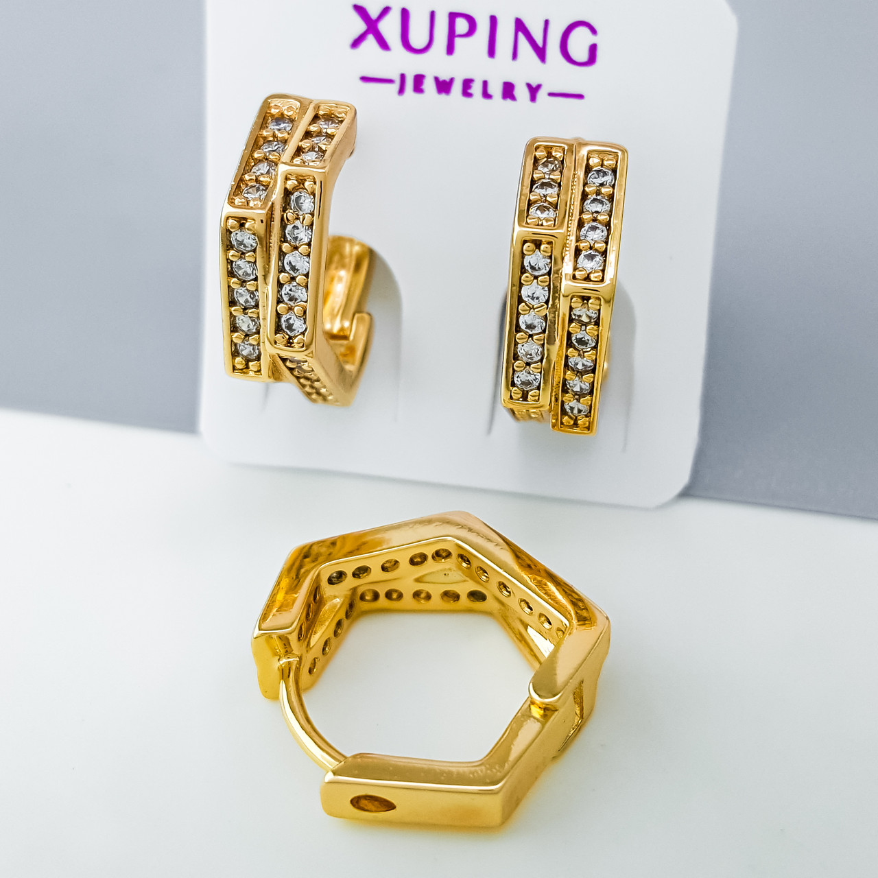Сережки Геометрія з розсипом каменів, медсплав Xuping позолота 18K