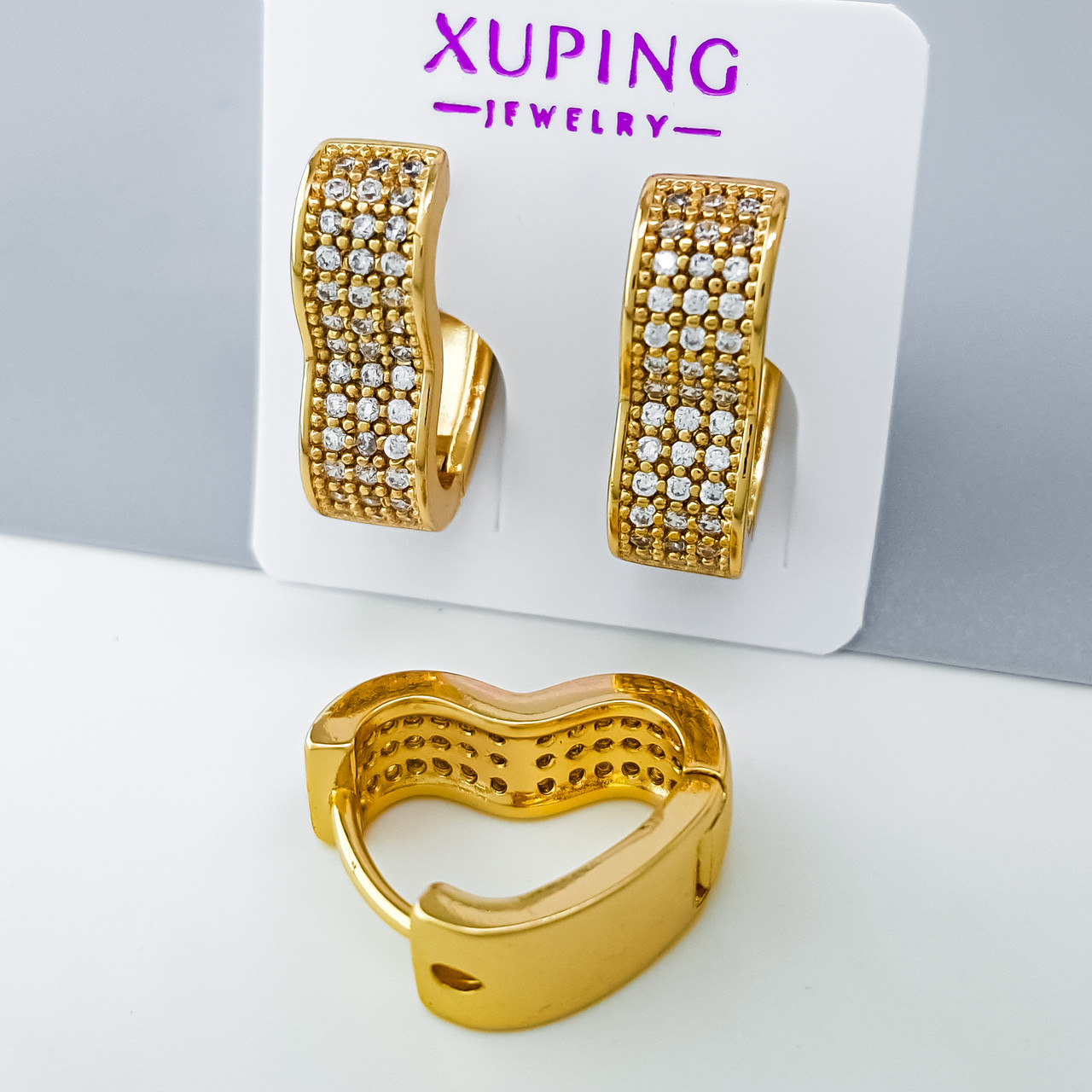 Сережки Серце з розсипом каміння, медсплав Xuping позолота 18K