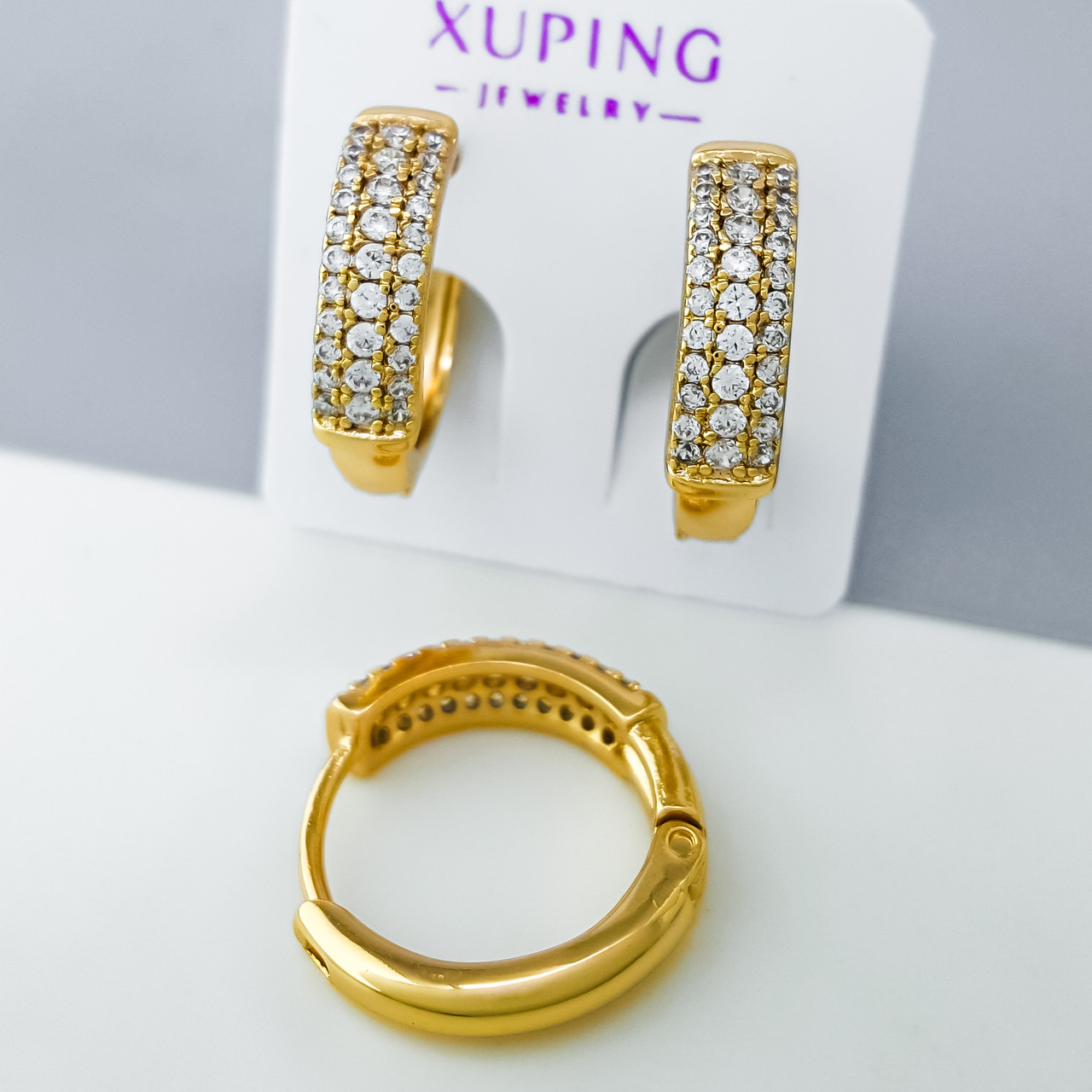 Сережки Доріжка, інкрустація цирконієм, медсплав Xuping позолота 18K